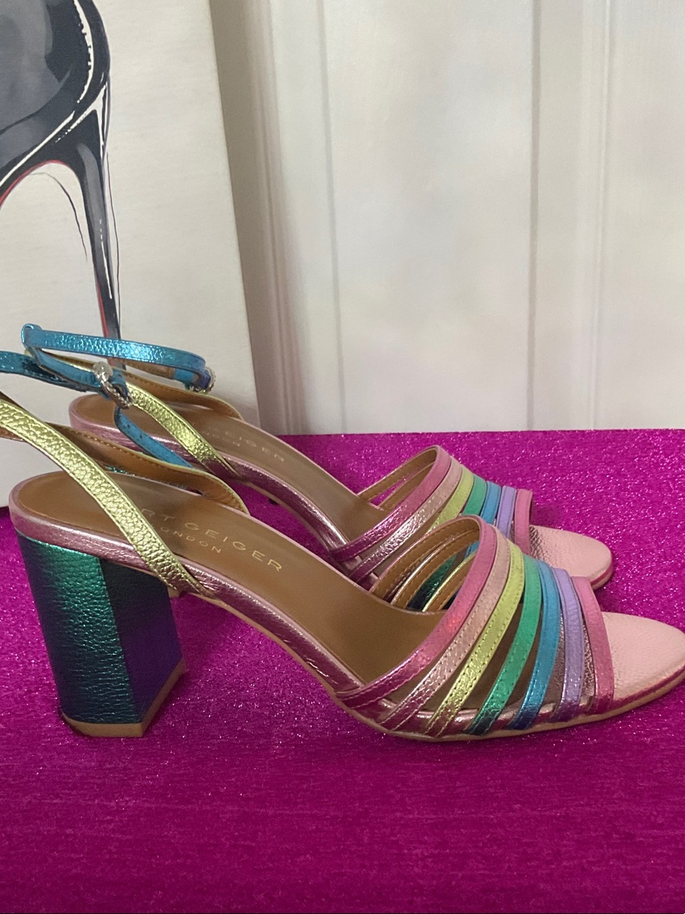 Kurt Geiger Metallic Rainbow Strappy Block Heel Sandals - Picture 2 of 4